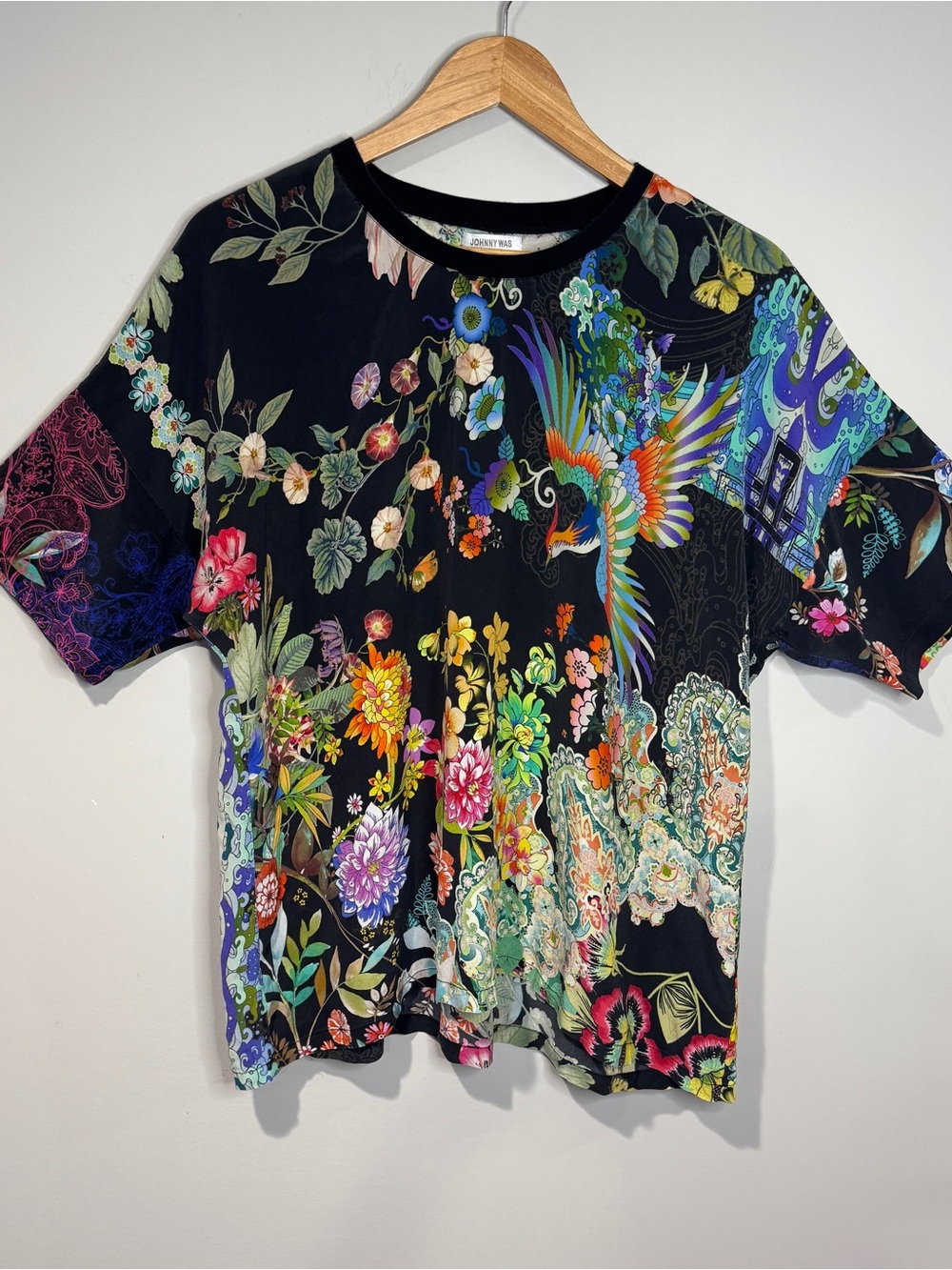 Johnny Was Silk Patchwork Floral Bird Print Short Sleeve Top Maximalist Boho L